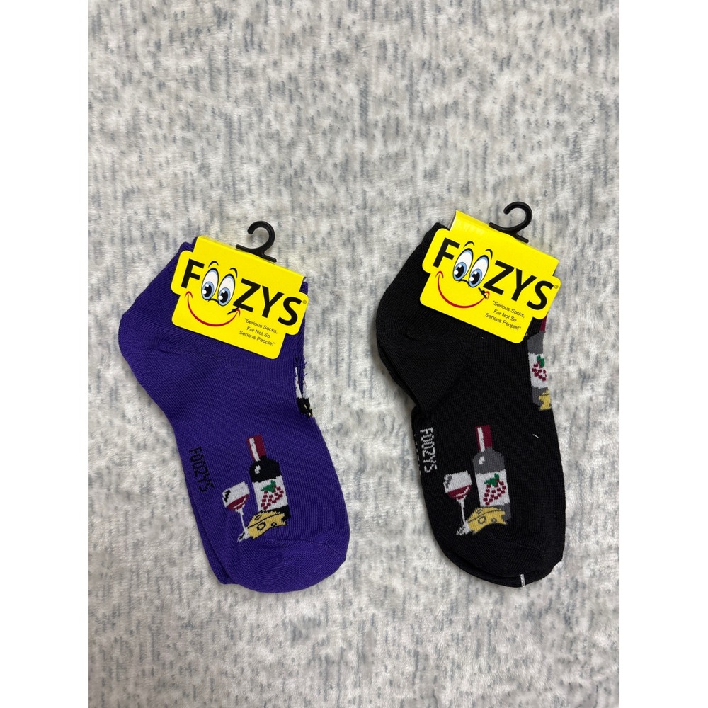 Foozys Wine and Cheese Novelty Ankle Socks 2 Pair Bundle Purple Black Size 9-11